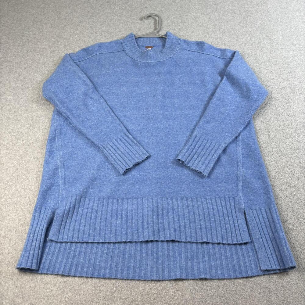 Free People Sweater Women XS Blue Mock Neck Tunic High Low Hem Ribbed Boho Cozy